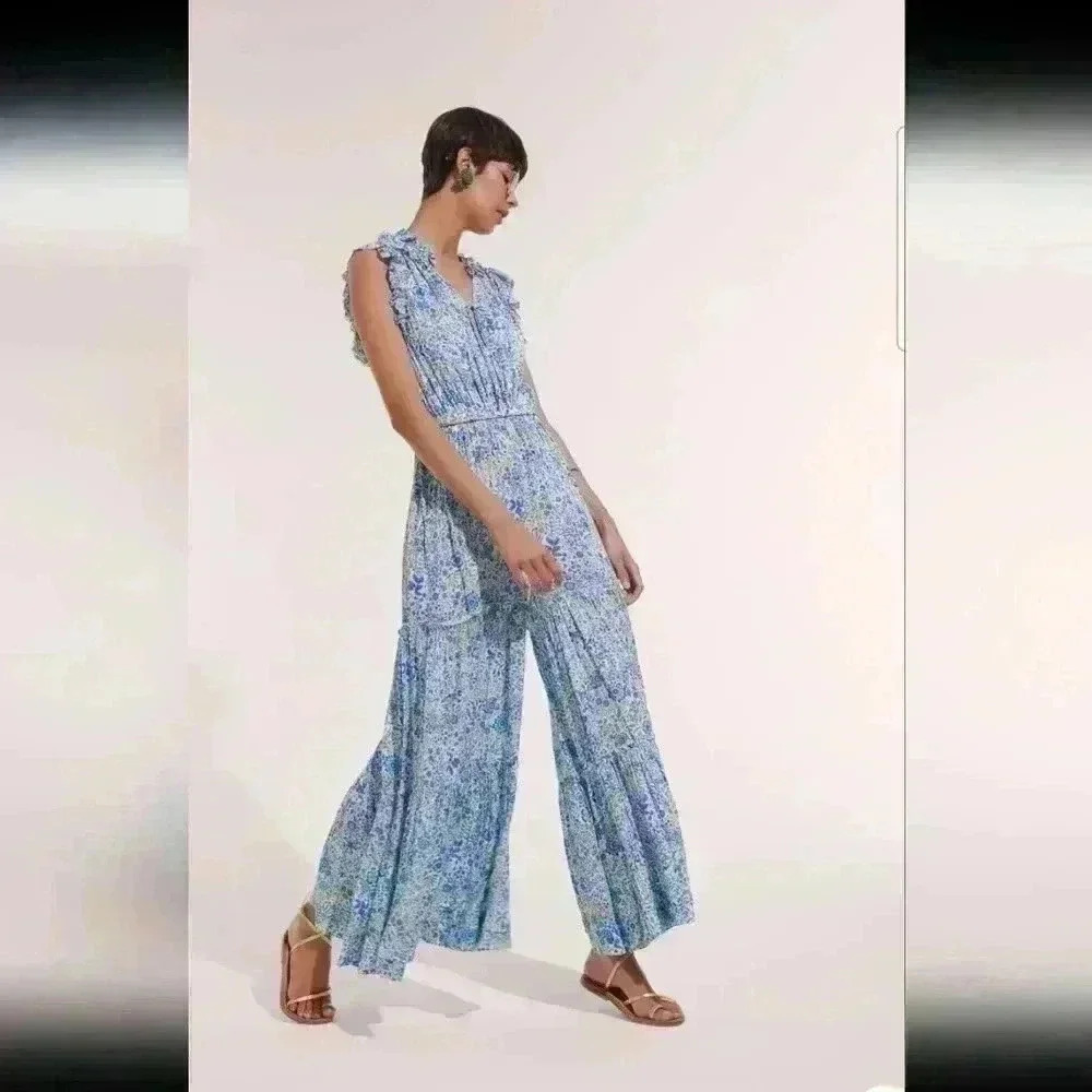 Poupette St. Barth Ruffle Tiered Floral Bell Bottm Jumpsuit Size M